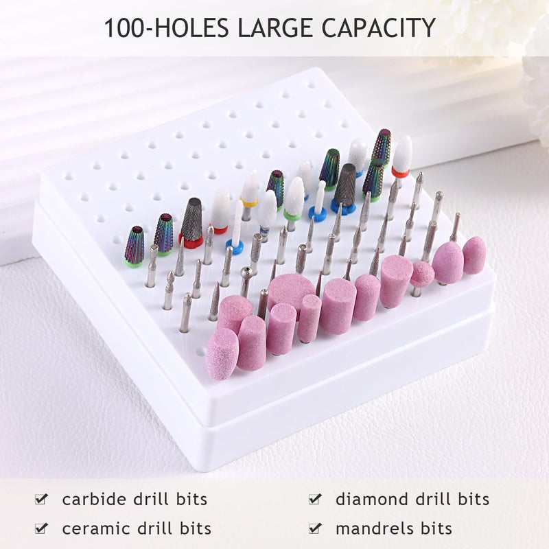 Furtherpretty Nail Drill Bit Holder, 100 Holes Acrylic Nail Drill Bit Organizer with Clear Cover, Nail Drill Bit Storage Case for Manicure Pedicure, Professional Nail Salon Supplies (100 holes-White) - Image 3